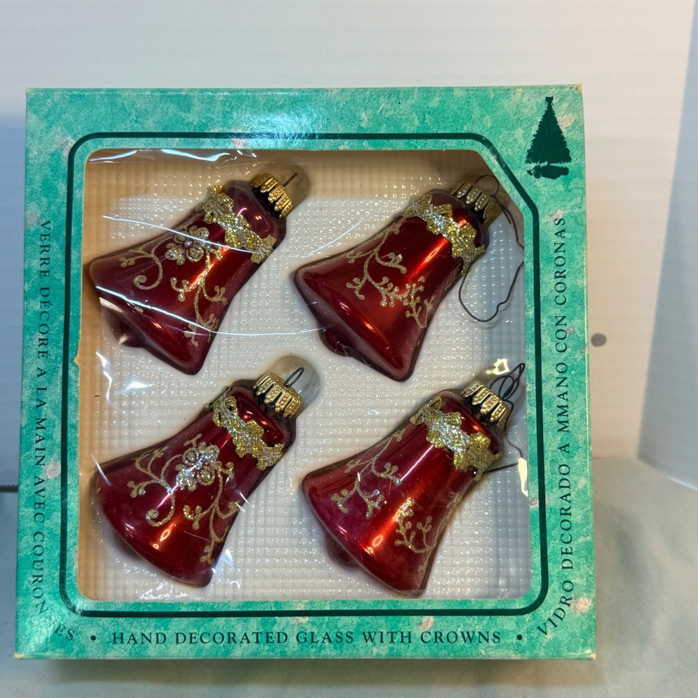 Christmas by Krebs Red Glass Bell Ornaments Gold Glitter Hand Decorated Set of 4